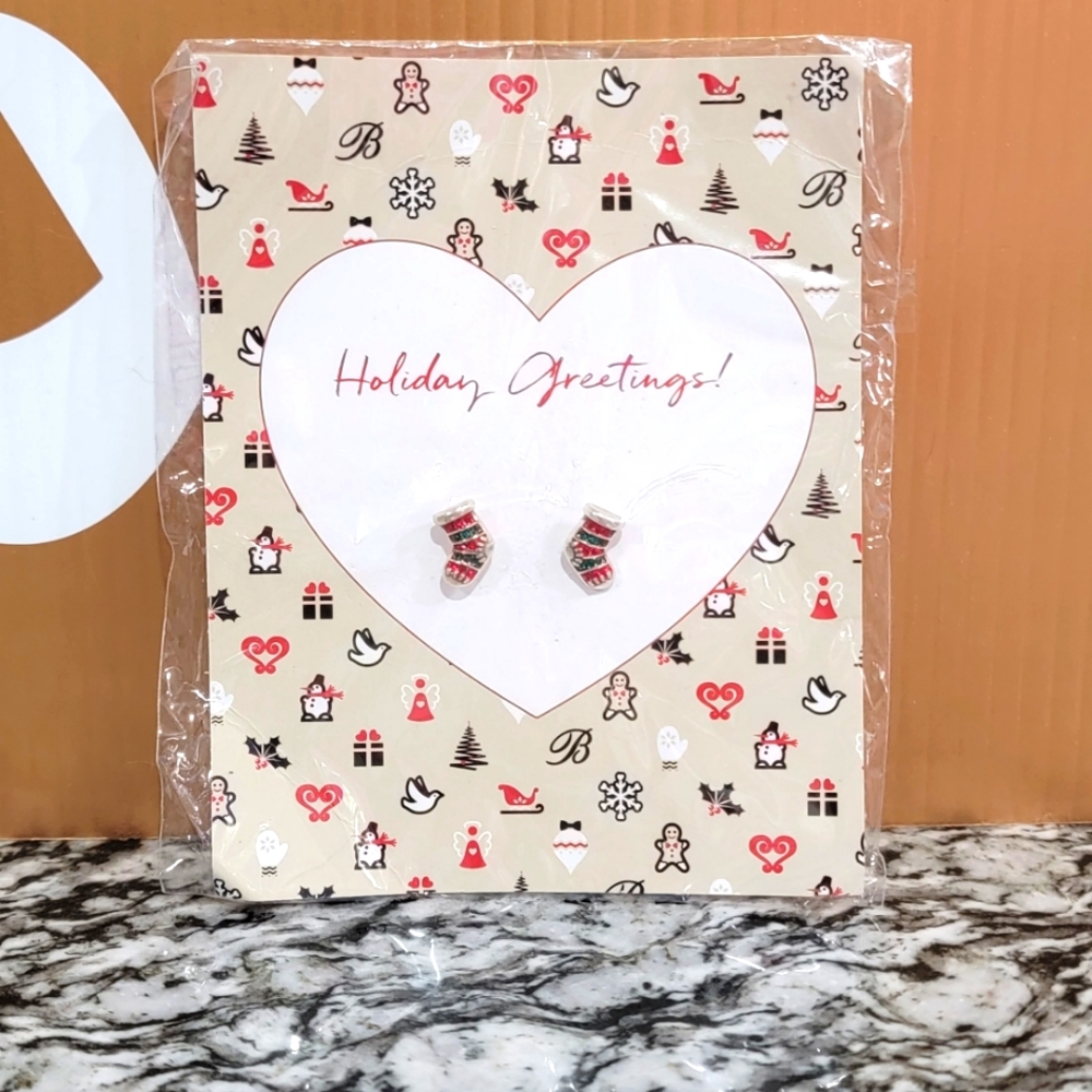 BRIGHTON RETIRED HOLIDAY STOCKING POST EARRINGS ON HOLIDAY CARD NWT